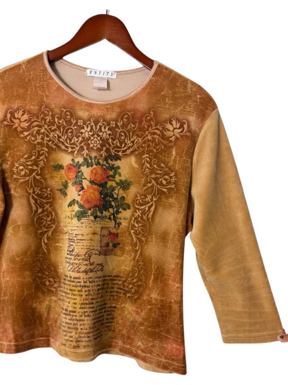 Y2K Fairy Grunge Whimsigoth Velour Vintage Rose Graphic Long Sleeve Top Large